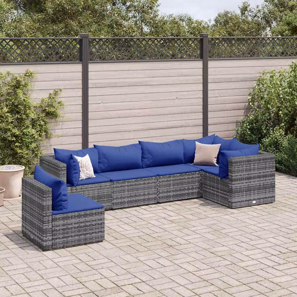 vidaXL Set Divani da Giardino a L 6 pz con Cuscini in Polyrattan e Struttura in Acciaio, Grigio e Blu – 1