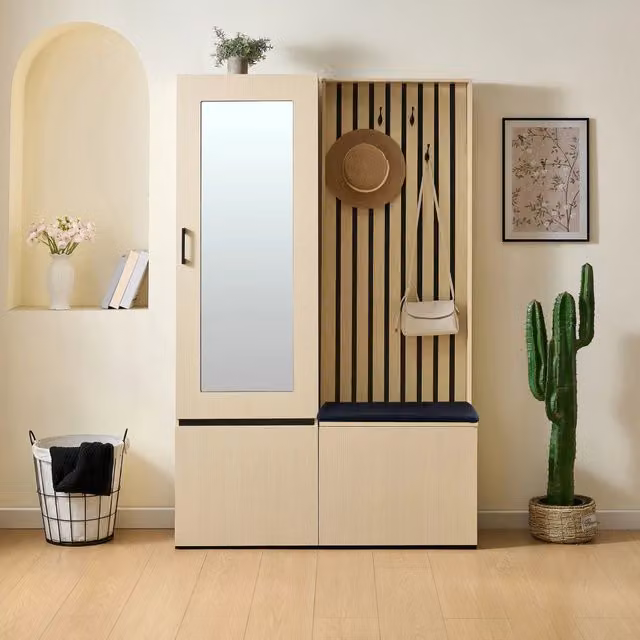 Mobile da ingresso con specchio, panca, asta appendiabiti estraibile, vano scarpe e 4 ganci, in MDF effetto legno