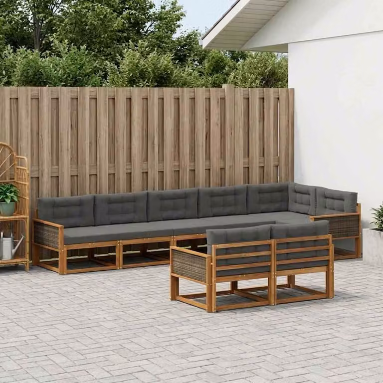 vidaXL Set di divani da esterno 8 pezzi a forma di U in legno di acacia con cuscini, beige e antracite