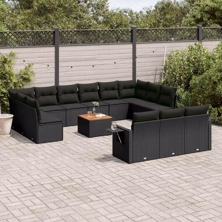 vidaXL Set Divani da Giardino a Forma di U in Polyrattan Nero con Cuscini e Tavolino da Esterno