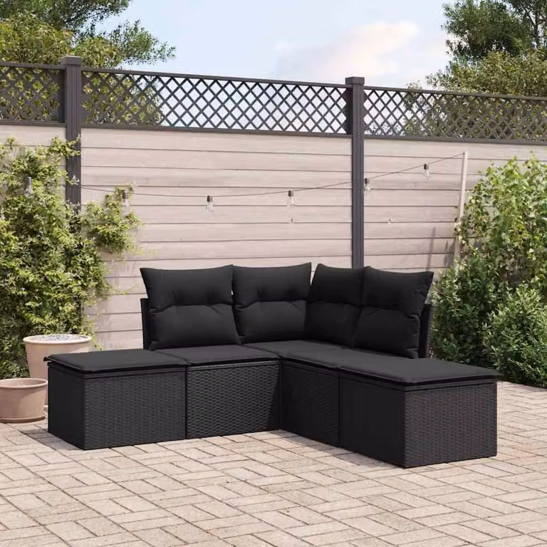 Set Divani da Giardino vidaXL 5 pz in Polyrattan Nero con Cuscini e Ottoman a Forma a L