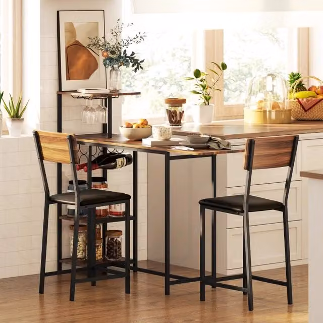 Set Tavolo da Bar OKWISH con 2 Sgabelli in Stile Industriale Marrone con Struttura in Metallo e Ripiani in MDF – 1