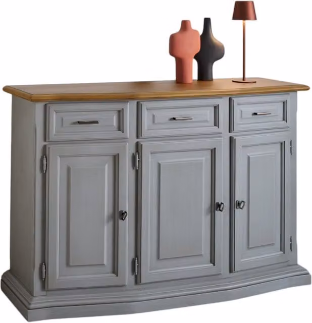 Madia credenza shabby chic Mobili 2G con 3 porte e 3 cassetti in legno grigio e noce L: 126 cm, P: 38 cm, H: 86 cm