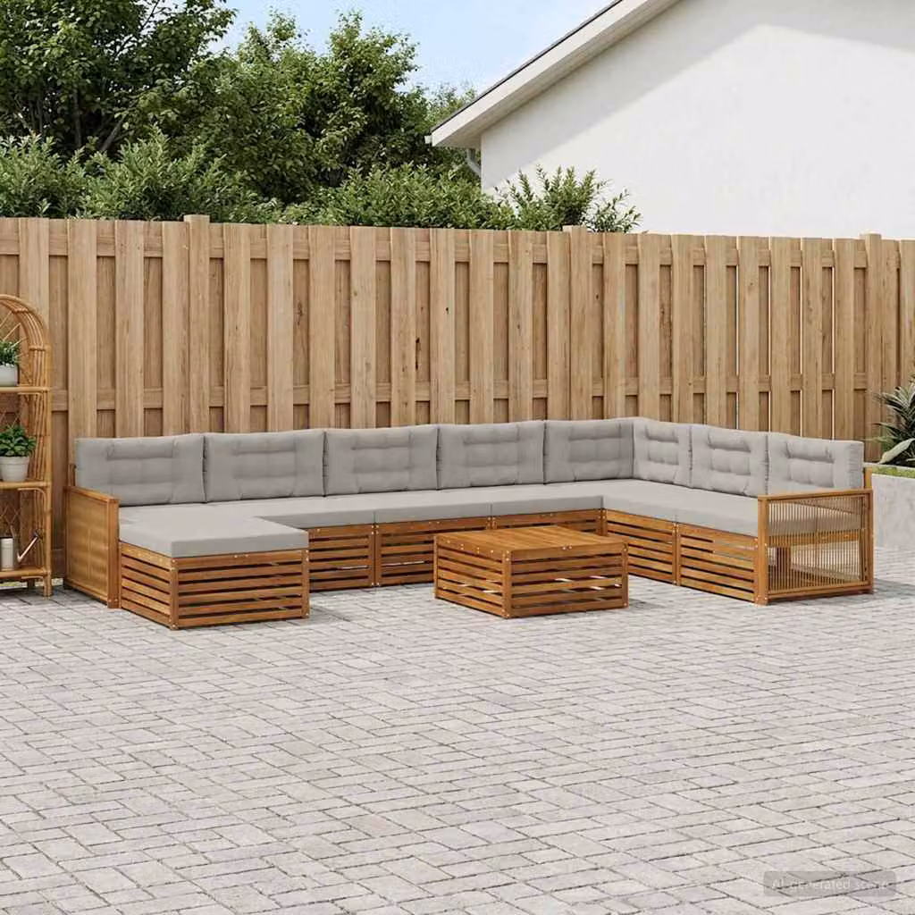 Set di divani da esterno vidaXL a forma di L in legno di acacia con 9 pezzi, colore marrone e grigio