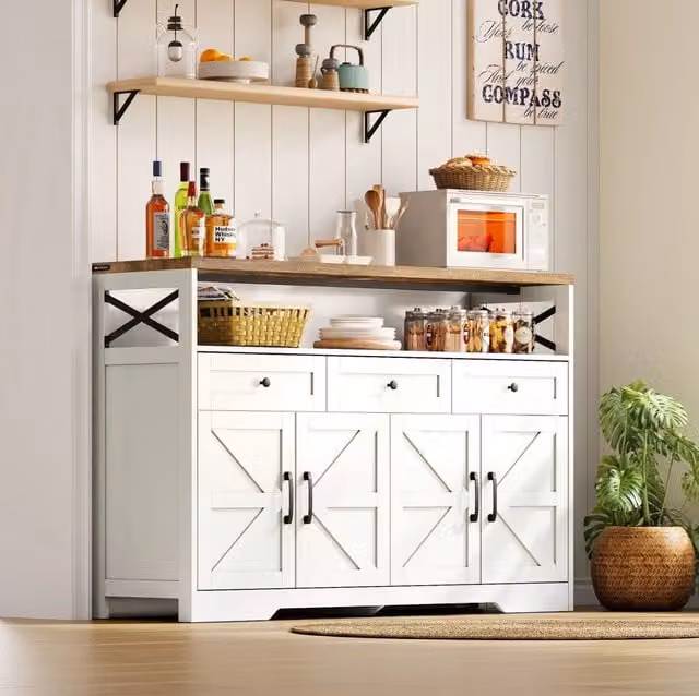 Credenza buffet 140 cm bianco e marrone con 3 cassetti e 2 armadietti