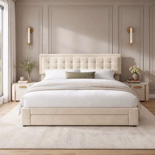 Letto matrimoniale imbottito 160 × 200 cm con vano contenitore e cassetti in velluto beige con rete a doghe
