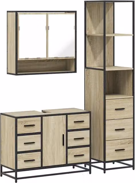 Set Mobili da Bagno | Armadio da bagno 3 pz Rovere Sonoma in Legno Multistrato