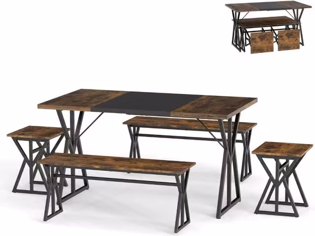 Set da pranzo da 5 pezzi tavolo 139 x 80 x 75 cm stabile design industriale salvaspazio in MDF marrone rustico 20_0018247