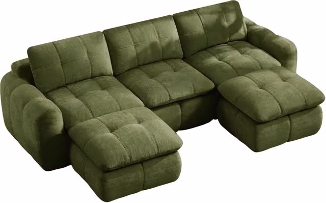 Divano modulare a 3 posti a forma di U senza telaio, rivestimento in chenille verde, schiuma ad alta densità 32D, con 2 pouf, senza montaggio