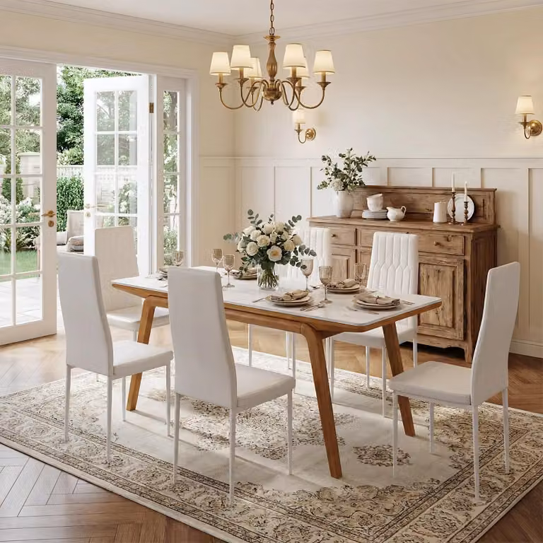 Sedie da pranzo - Set da 6 sedie da cucina - Seduta imbottita in ecopelle - Gambe in metallo - Maniglia ad anello sullo schienale - Design moderno - 97x41x41 cm - Bianco
