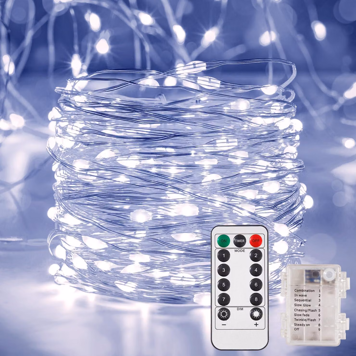 Catena luminosa da 10 metri, 100 LED bianco freddo, alimentazione a batteria, con telecomando e timer