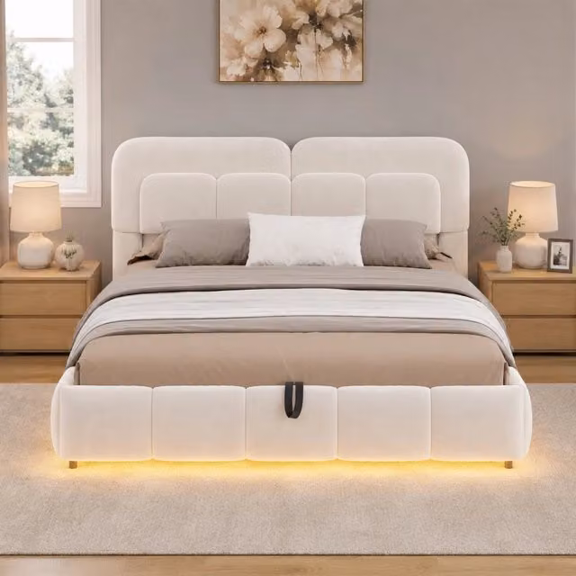 Letto matrimoniale imbottito 140 × 200 cm con contenitore idraulico LED in velluto beige con rete a doghe