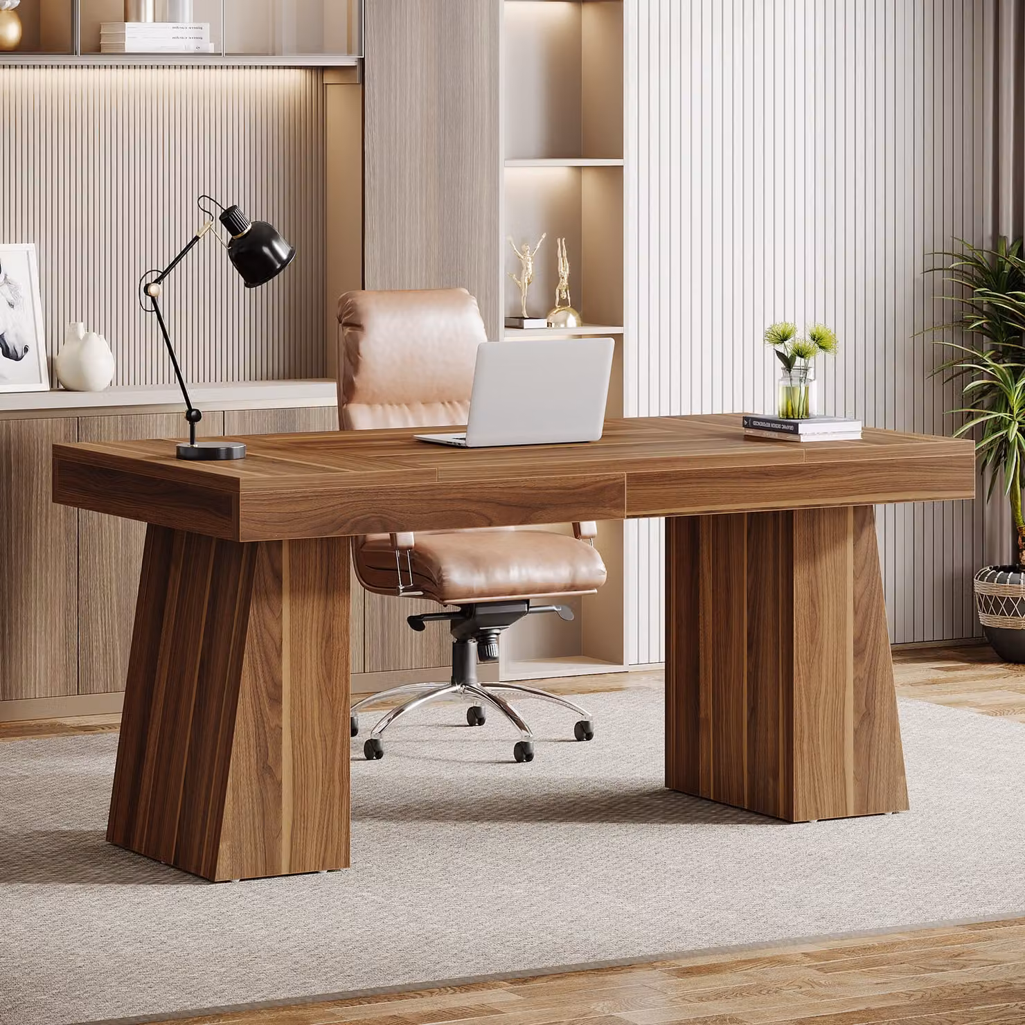 Tribesigns Scrivania da 140 cm, scrivania moderna per ufficio domestico con doppia base trapezoidale, scrivania in legno per computer, postazione di lavoro business, marrone