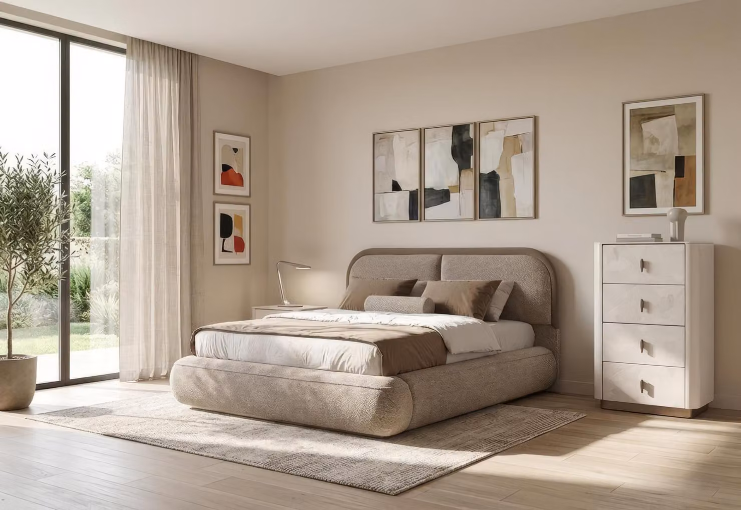 Set per camera da letto matrimoniale: letto matrimoniale imbottito, comodino, design moderno, colore beige, elegante