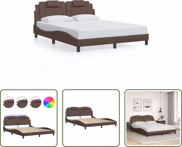 The Living Store Struttura letto con LED Marrone 160x200 cm in ecopelle
