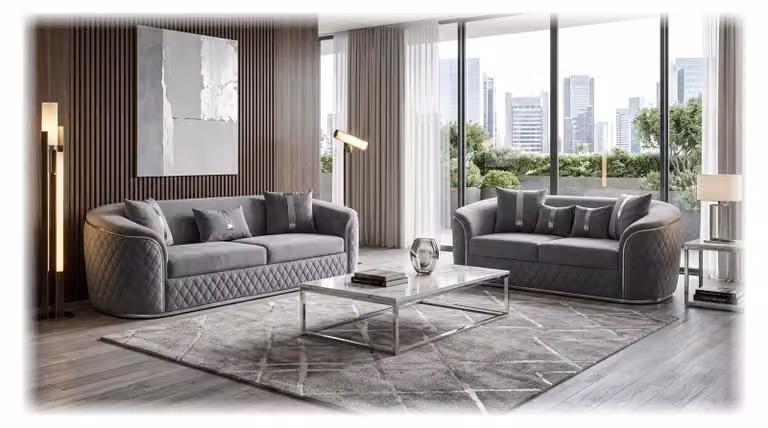 Elegante divano grigio, set di divani di design, pregiato divano a due posti, composto da due elementi