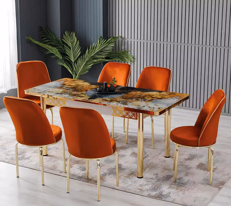 Tavoli da pranzo, set da pranzo, sedie, multicolore, arancione, rettangolare