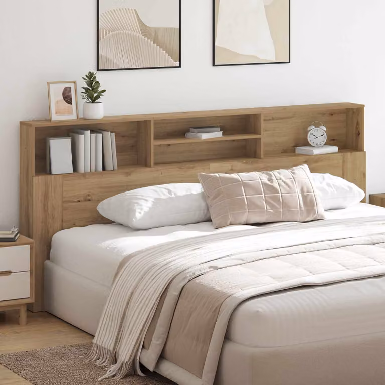 Testata del letto moderna vidaXL in legno ingegnerizzato color rovere con ripiano integrato L: 220 cm, H: 101,5 cm, P: 19 cm
