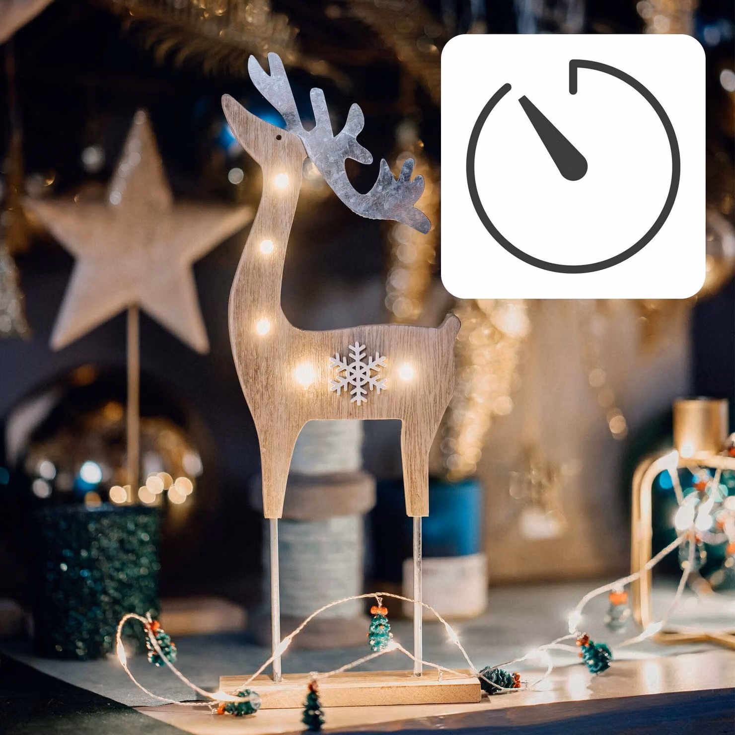 Renna in legno con LED e fiocco di neve - Illuminazione, codice 524079