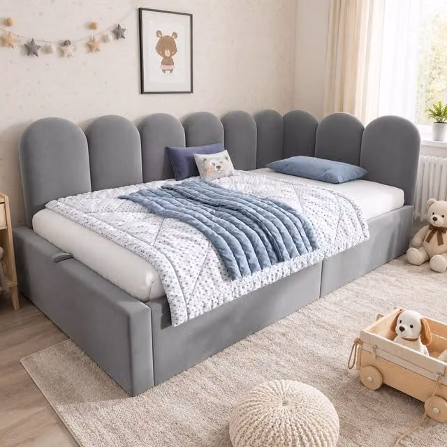 Letto Daybed a L con base contenitore REDOM in velluto grigio L/P/H: 190 x 90 x 76 cm – 1