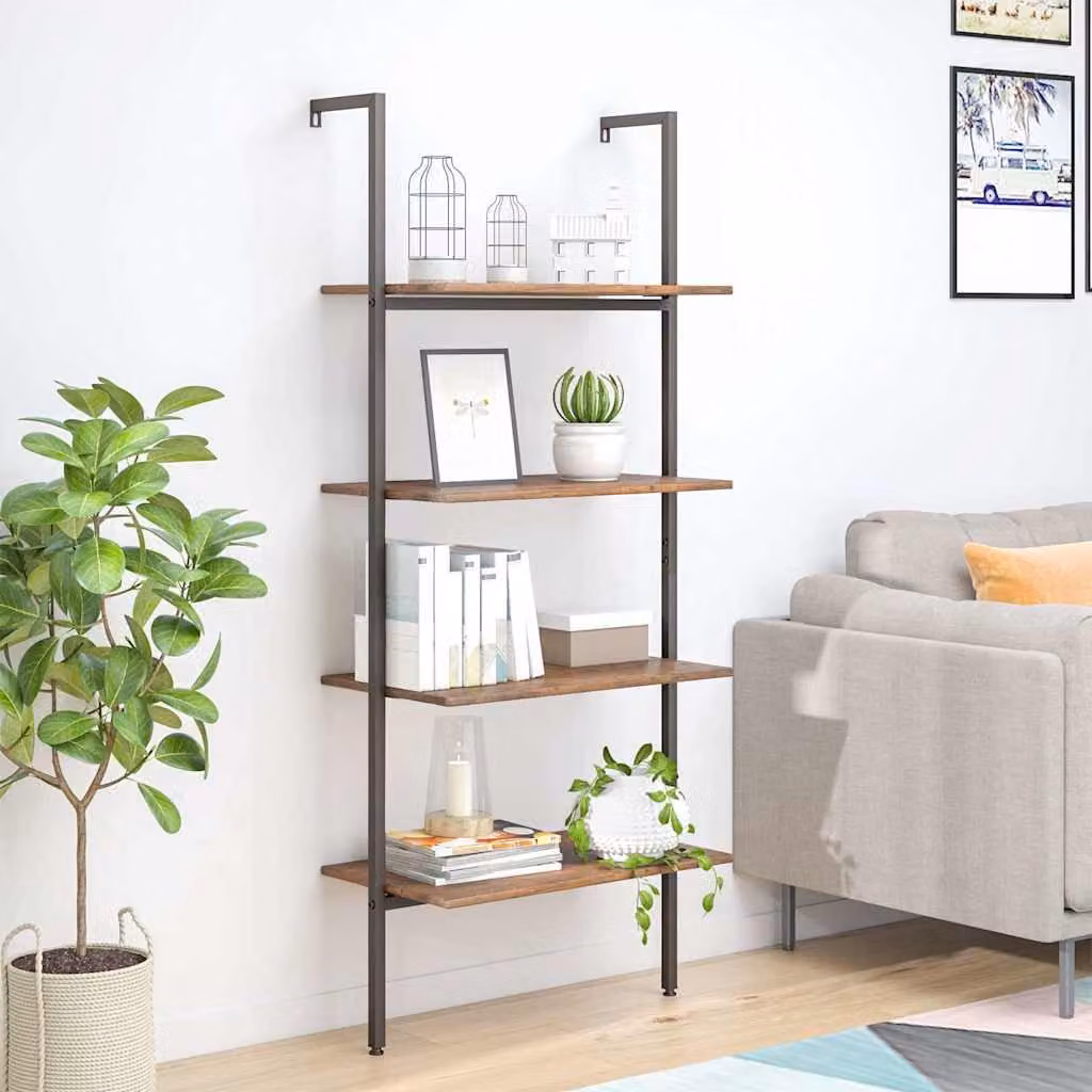 Scaffale a scala vidaXL con 4 livelli in stile industriale, Marrone scuro e Nero, L: 64 cm, P: 35 cm, H: 152,5 cm