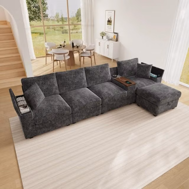 Divano modulare 313.0x147.0x82.0 cm con pouf contenitore e tavolino girevole in ciniglia grigio