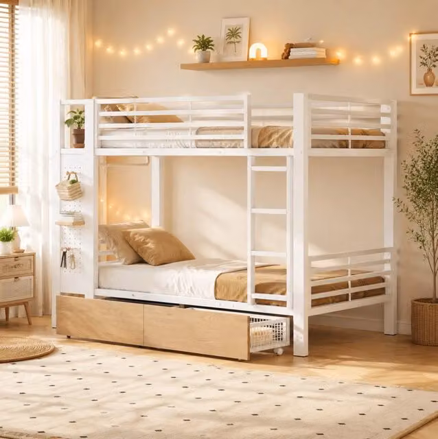 Letto a castello 90x200 cm con LED, cassetti e appendiabiti