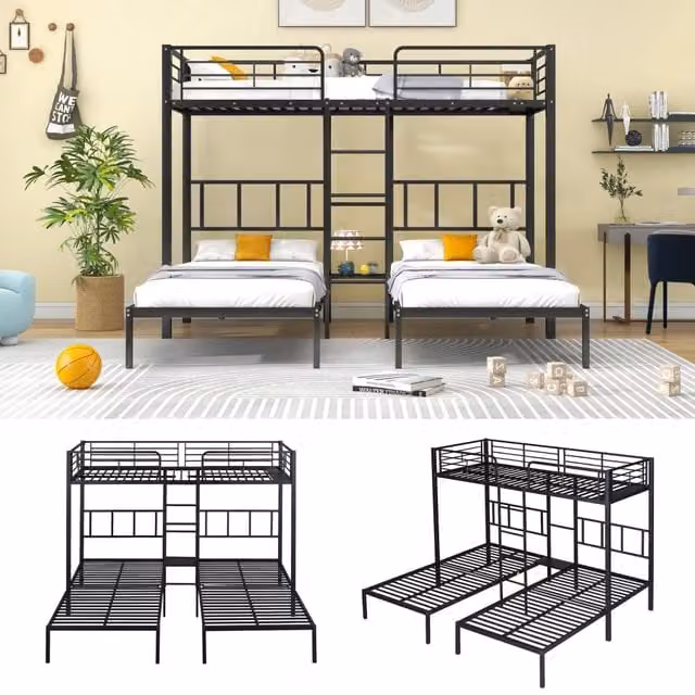 Letto a Castello Triplo 90x200 cm in Metallo con Scala; Scrivania e Protezioni Nero