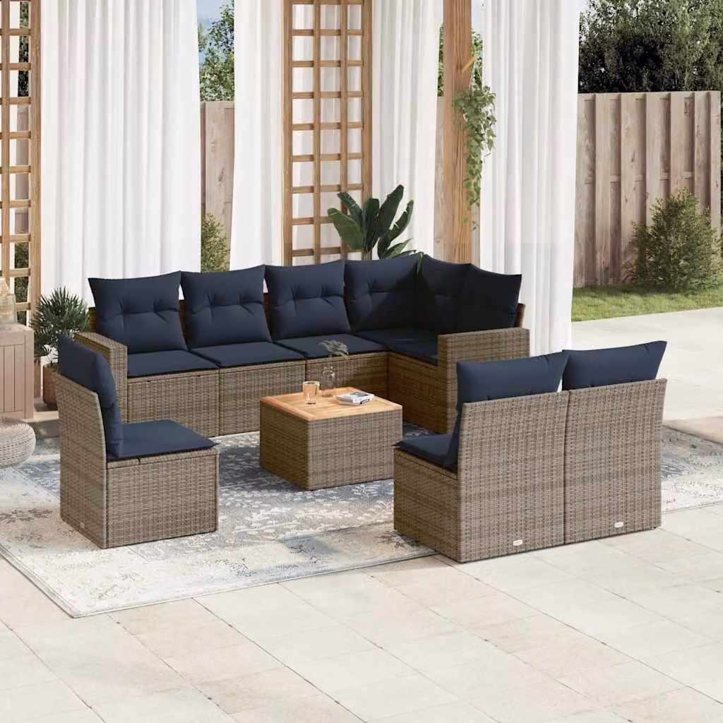 vidaXL Set Divani da Giardino 9 pz in Polyrattan con Cuscini Blu e Grigio e Tavolino da Esterno – 1