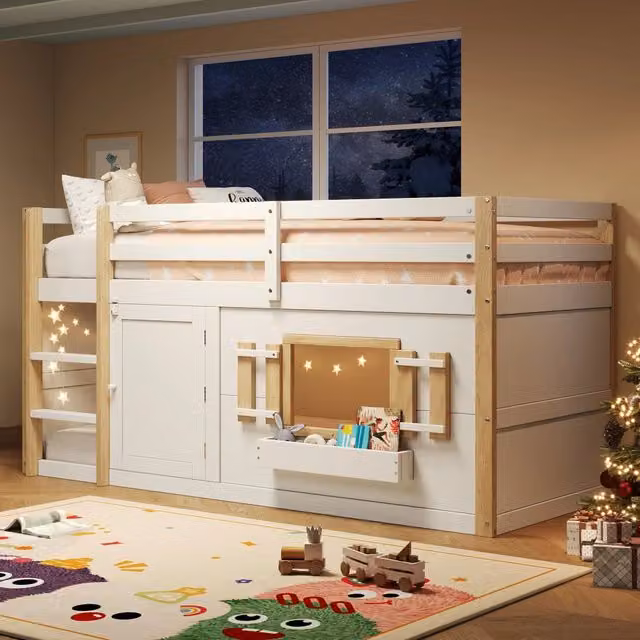 Letto a soppalco per bambini 90x200 cm con scala e spazio gioco modulabile sottoletto; letto salvaspazio; bianco