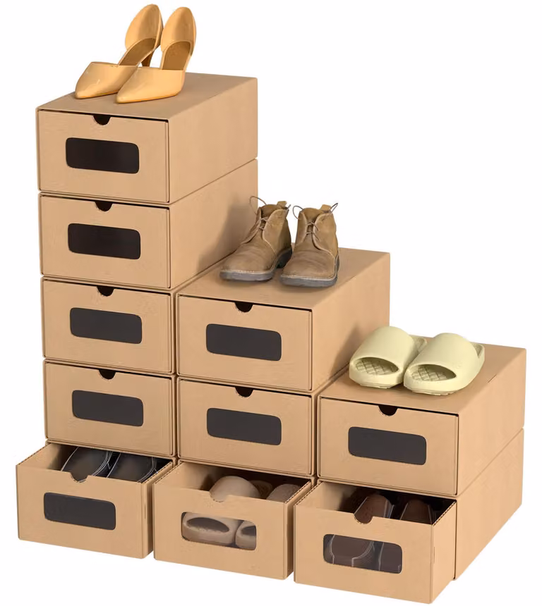 Clanmacy 10x scatole per scarpe con finestra di visualizzazione Scatola di immagazzinaggio per scarpe Scatola di immagazzinaggio impilabile Scatola per scarpe Scatola per scarpe multiuso marrone
