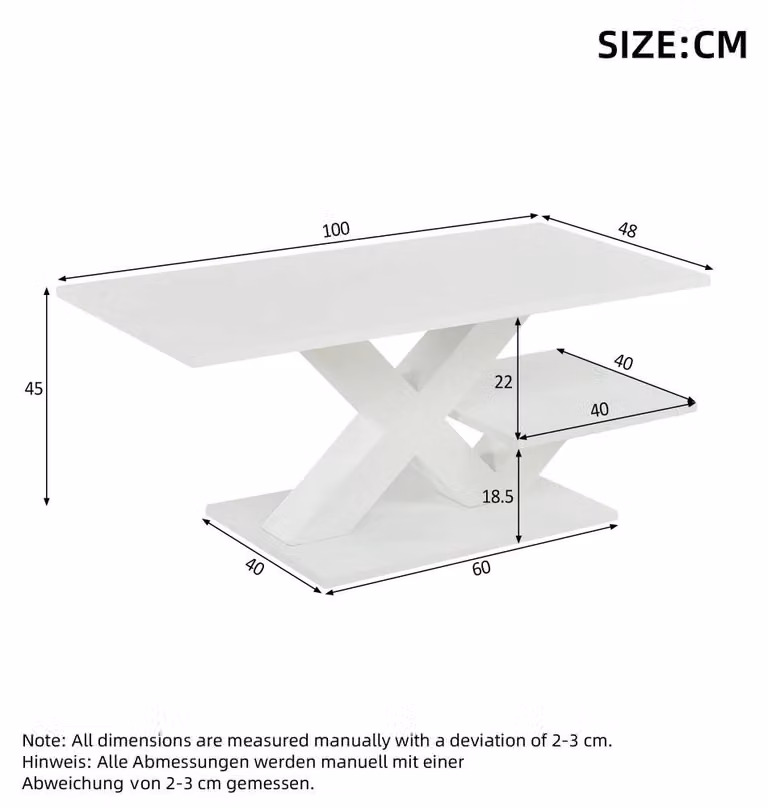 Tavolino da divano - Rettangolare - Piano doppio - Gambe a forma di X - MDF - Bianco lucido - 100 x 48 x 45 cm