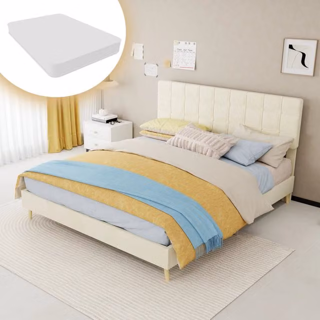 Letto matrimoniale 160×200 cm con testiera imbottita a quadri, materasso incluso, in tessuto beige e metallo