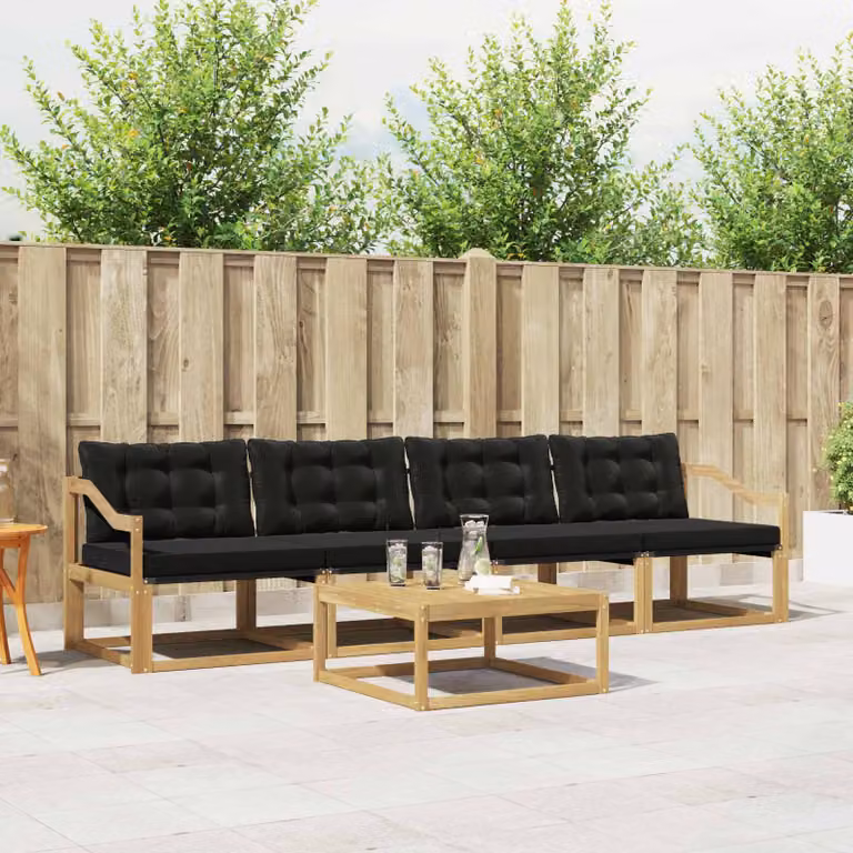 Set di divani da esterno vidaXL 5 pezzi in legno di acacia con tavolino e cuscini, Bianco, Nero e Marrone