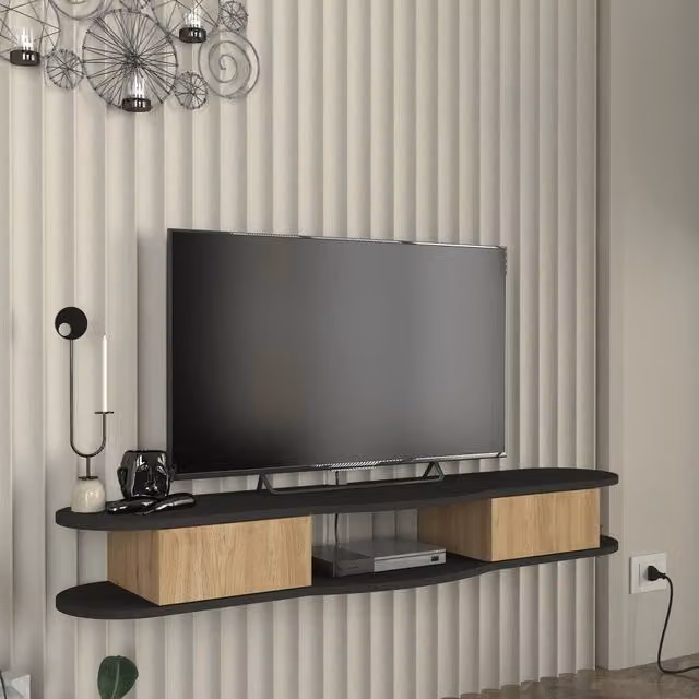 Mobile Porta TV da Parete Nyskiri en.casa con Ante a Ribalta, Antracite e Effetto Rovere, L/P/H: 150 x 35 x 19 cm