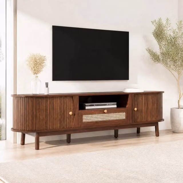Mobile TV con ante scorrevoli e cassetti in rattan; 165x37x46 cm; MDF; noce