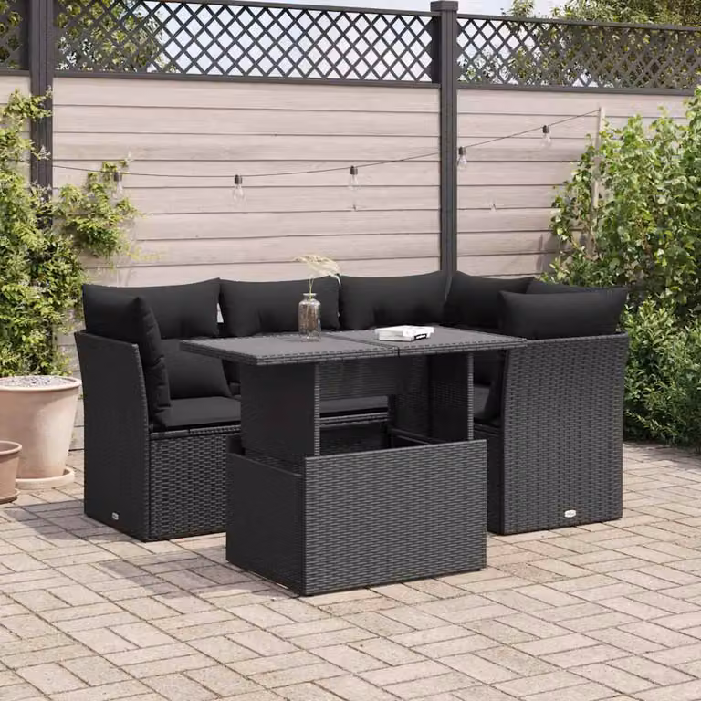 Set Divano da Giardino a L vidaXL 5 Pezzi con Tavolino in Vetro e Cuscini Neri