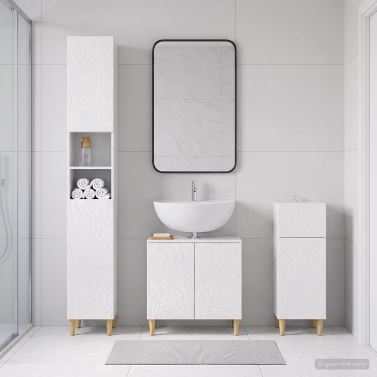 Set di armadietti da bagno moderni vidaXL DELFT in 3 pezzi, Bianco Lucido, L/P/H: 47.8 x 30.0 x 190.0 cm, 31.0 x 30.0 x 76.7 cm e 31.0 x 30.0 x 47.8 cm