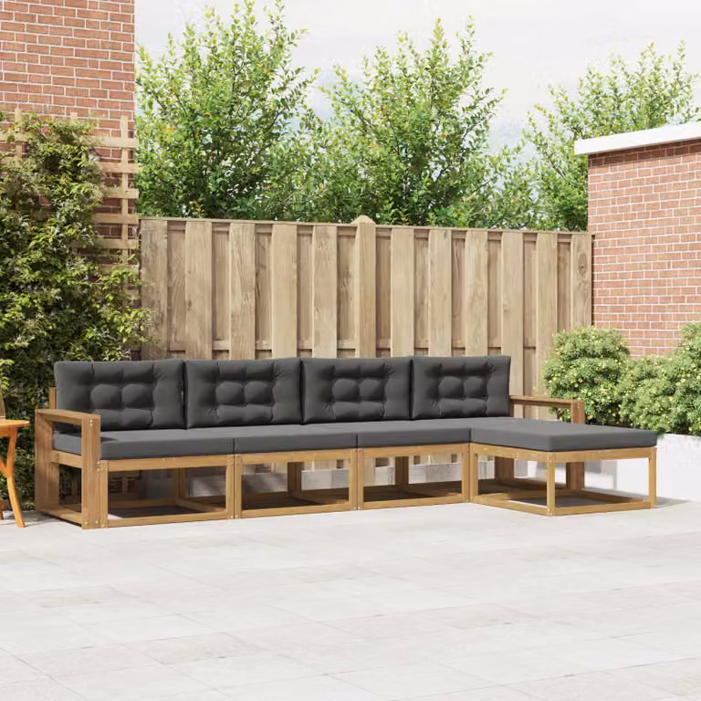Set di divani da esterno vidaXL a forma di L con pouf, in legno di acacia trattato, colori bianco, antracite e marrone