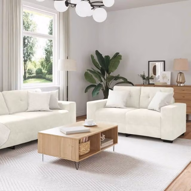 Set di divani 3 pezzi vidaXL in velluto beige e bianco per soggiorno con poltrona, divano a 2 posti e divano a 3 posti – 1