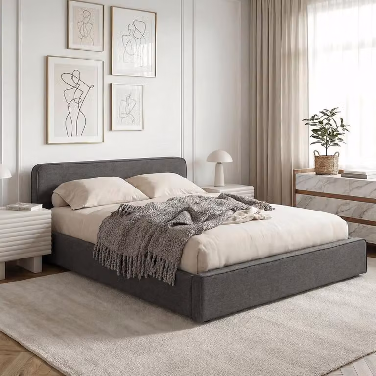 Letto imbottito MARINI, letto matrimoniale 140x200 cm in grigio scuro - Letto imbottito con rete a doghe, design moderno e robusta struttura in legno con piedini in plastica