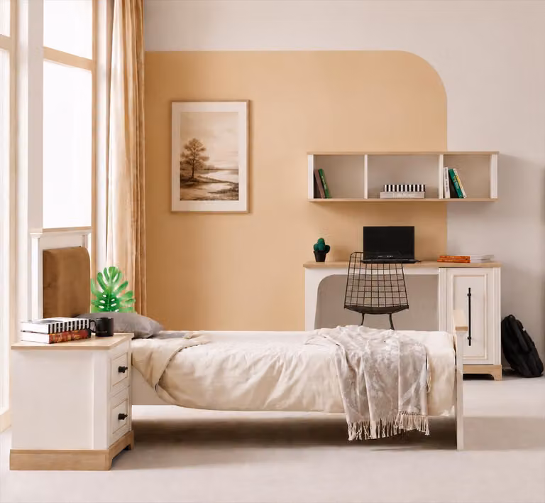 Letto singolo, letto per ragazzi, beige, design moderno, testiera, camera da letto, aspetto naturale