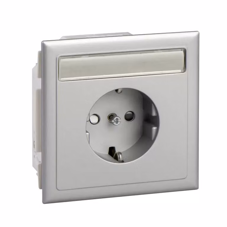 Presa Schuko Schneider Electric a 1 posto con scatola da incasso, finitura effetto alluminio, targhetta identificativa TIPO: CYB-PS-SK1-AL 5975002