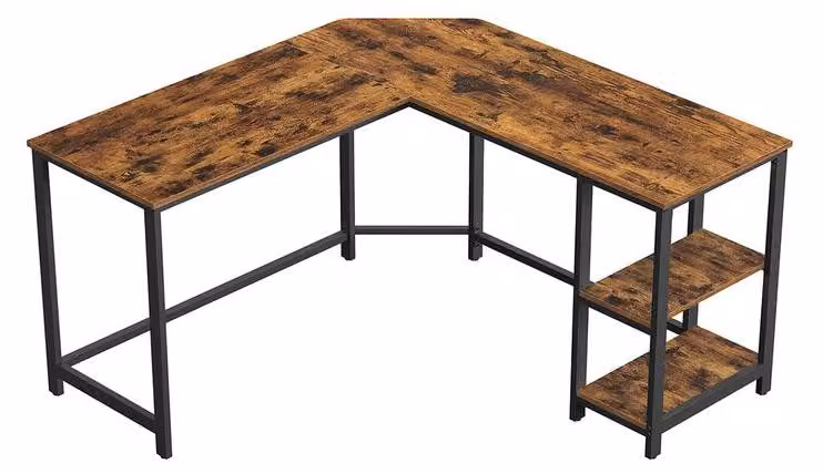 Scrivania angolare a forma di L con 2 ripiani, stile industriale, colore marrone e nero vintage, dimensioni 138 x 138 x 75 cm