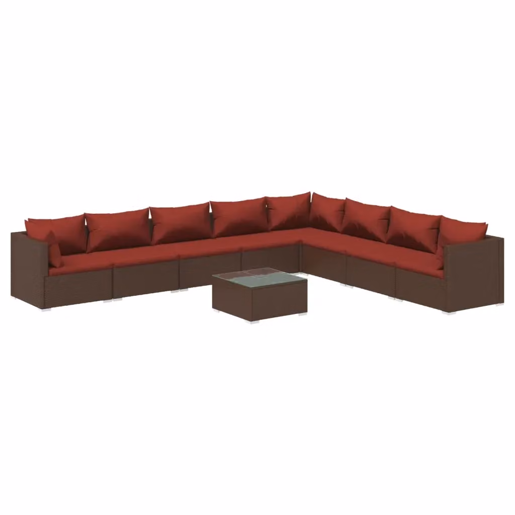 Set di Divani da Giardino vidaXL 9 Pezzi con Tavolino e Cuscini in Polyrattan Marrone e Rosso – 2
