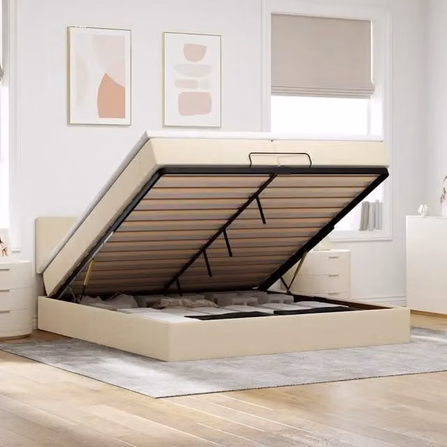 Letto con contenitore a sollevamento vidaXL in tessuto beige e bianco con porta USB e illuminazione sottostante L/P/H: 200 x 200 x 280 cm – 1
