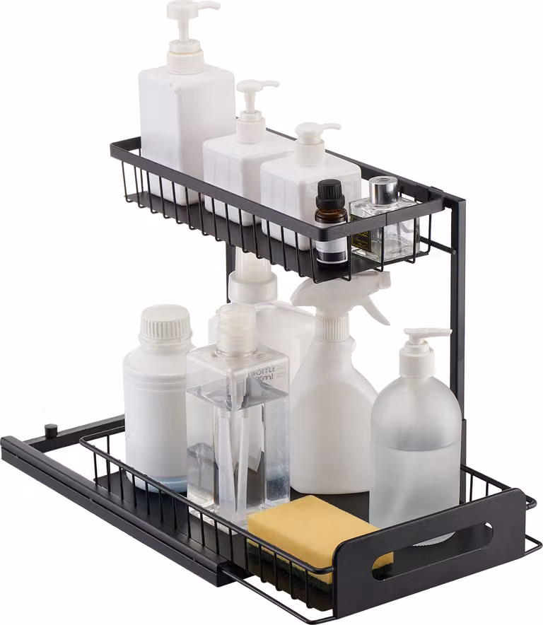 SucceBuy Organizzatore per armadietti a 2 livelli estraibili (27,6 cm L x 36,6 cm P) - soluzione per lo stoccaggio sotto il lavello. Organizzatore per armadi con cassetto estraibile. Ripiano estraibile con cestino in filo metallico