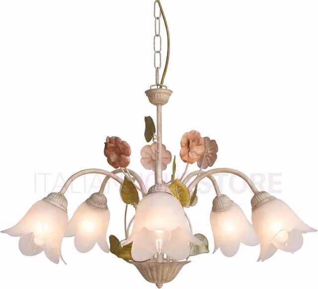 SPRING Lampadario Sospeso in Metallo e Vetro con 5 Luci Stile Floreale, Colore Bianco e Oro, Altezza Regolabile