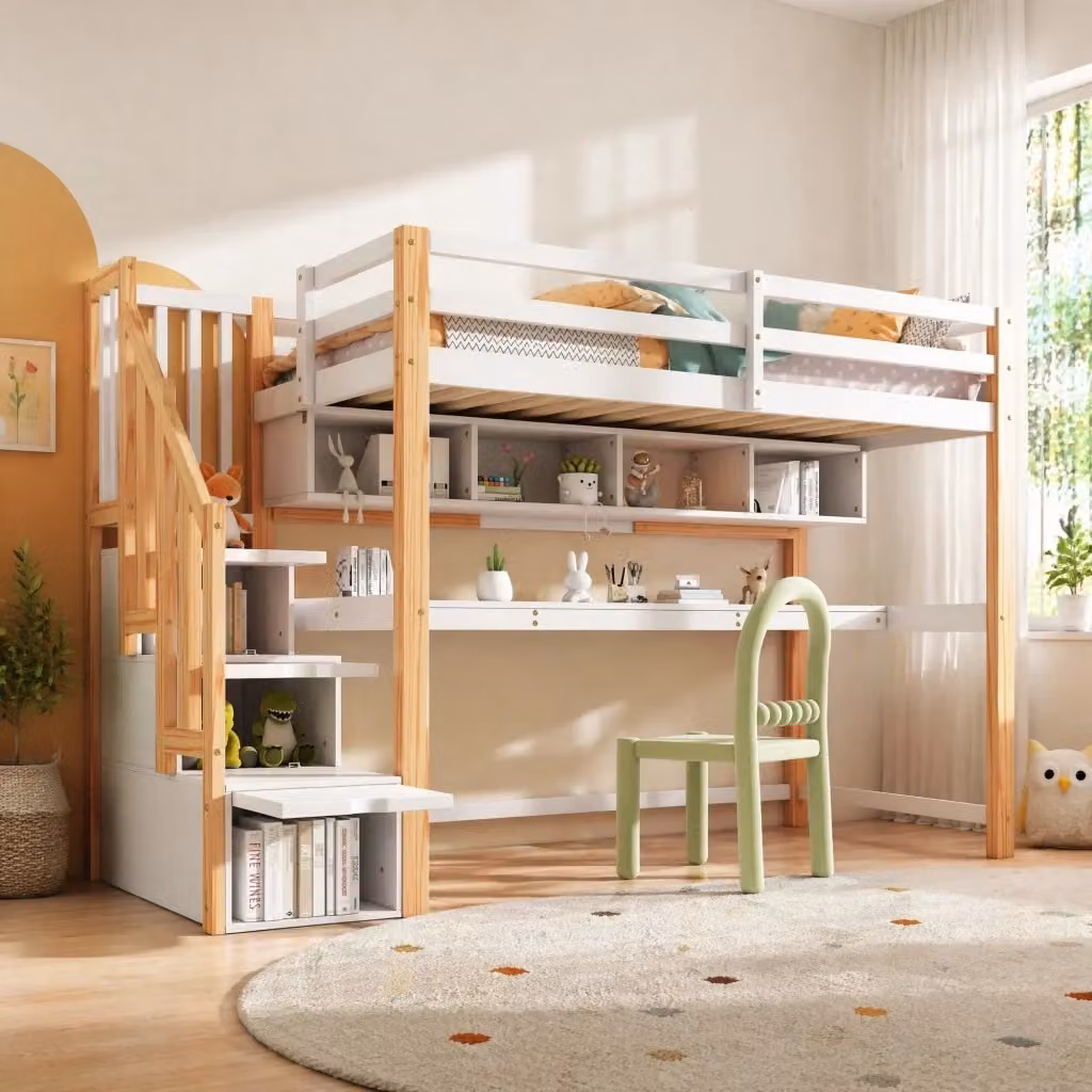 Letto a soppalco singolo con scrivania, scala con vano contenitore e scomparti laterali in legno e MDF, Bianco e Rovere, L/P/H: 200 x 90 x 165 cm – 2