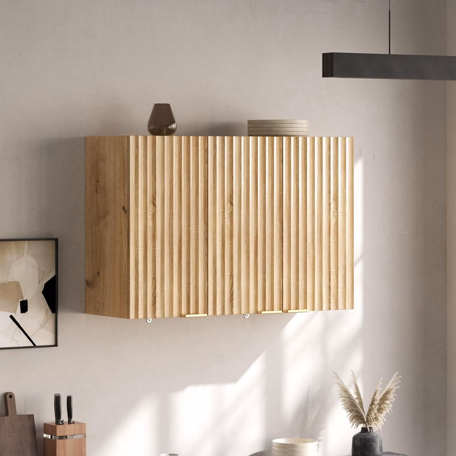 Mobiletto da parete per cucina o bagno, con 3 ante e spazio contenitivo, dal design semplice e naturale